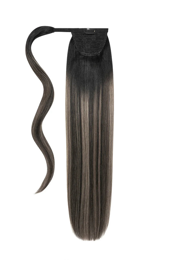 Silver Shadow Balayage Straight Up Wrap Around Ponytail Extension